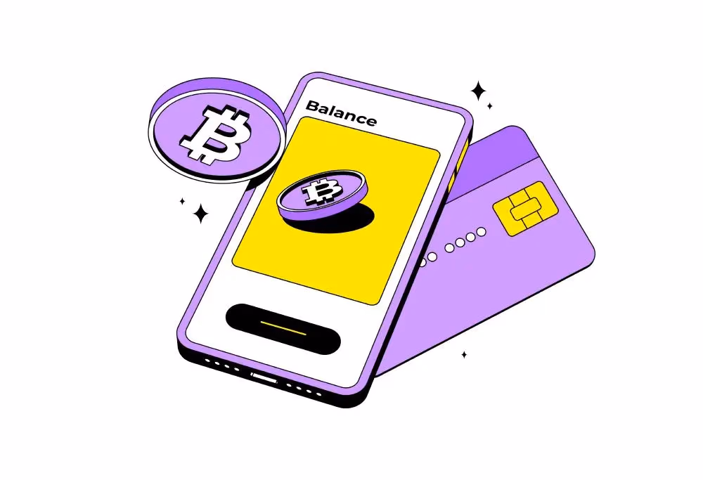 Illustration of a smartphone with a crypto balance and a payment card, representing the Tria ecosystem