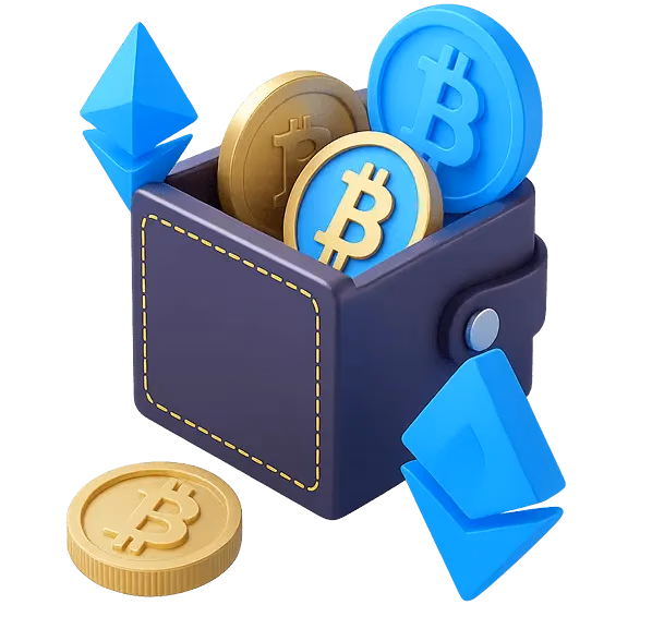 Ilustración de un monedero cripto con tokens de Bitcoin y Ethereum